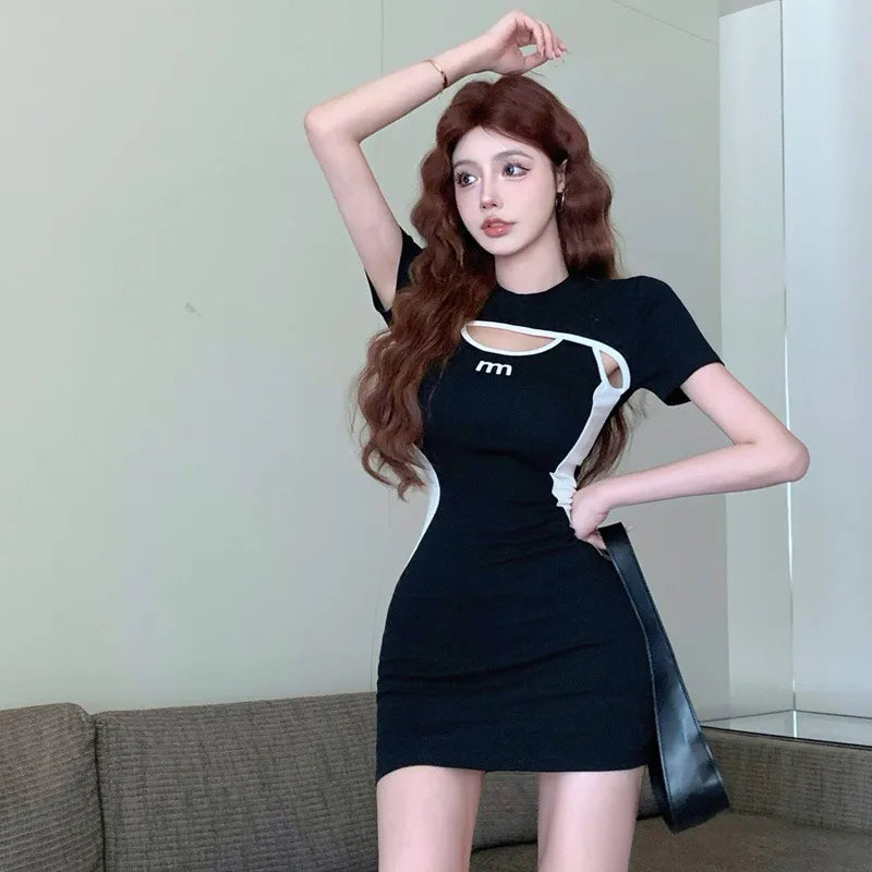 Chic Y2K High Waist Dress for Women - Summer Sexy Slim Splicing White Fashion