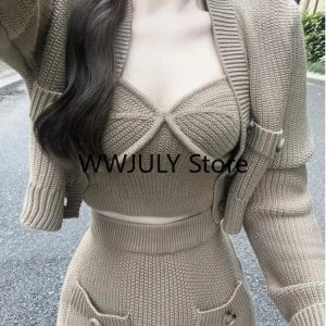 Chic Y2K-Inspired 3-Piece Set: Casual Sweater Cardigan, Sexy Vest & Bodycon Midi Skirt