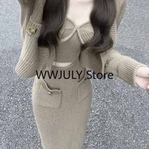 Chic Y2K-Inspired 3-Piece Set: Casual Sweater Cardigan, Sexy Vest & Bodycon Midi Skirt