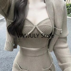 Chic Y2K-Inspired 3-Piece Set: Casual Sweater Cardigan, Sexy Vest & Bodycon Midi Skirt