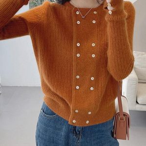 Chic Y2K Long Sleeve Buttoned Solid Color Cardigan Top for Effortless Aesthetic Style