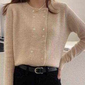 Chic Y2K Long Sleeve Buttoned Solid Color Cardigan Top for Effortless Aesthetic Style