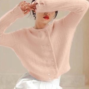 Chic Y2K Long Sleeve Buttoned Solid Color Cardigan Top for Effortless Aesthetic Style