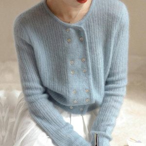 Chic Y2K Long Sleeve Buttoned Solid Color Cardigan Top for Effortless Aesthetic Style