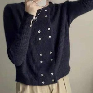 Chic Y2K Long Sleeve Buttoned Solid Color Cardigan Top for Effortless Aesthetic Style