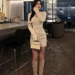 Chic Y2K Mini Dress - Elegant Slim Knitted Bodycon One Piece for Winter Party Fashion 2024