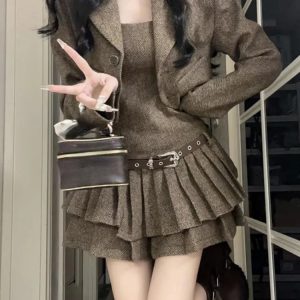 Chic Y2K Mini Dress & Warm Short Coat Set - Elegant Office Lady Vintage 2-Piece Outfit