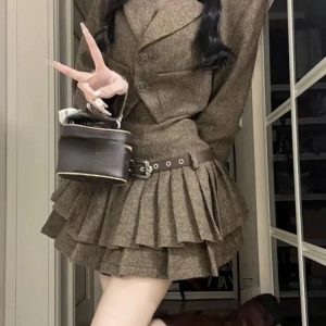 Chic Y2K Mini Dress & Warm Short Coat Set - Elegant Office Lady Vintage 2-Piece Outfit