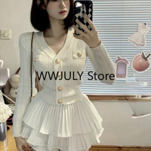 Chic Y2K Mini Skirt and Casual Knitted Sweater Set for Elegant Party Looks - Korean Fashion 2024