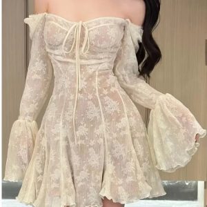 Chic Y2K Off Shoulder Lace Mini Dress with Ruffles and Long Sleeves for Summer Parties