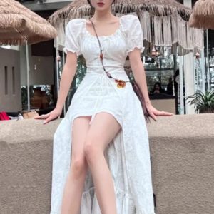 Chic Y2K Puff Sleeve Off-Shoulder A-Line Dress for Summer Parties - Korean Style One Piece