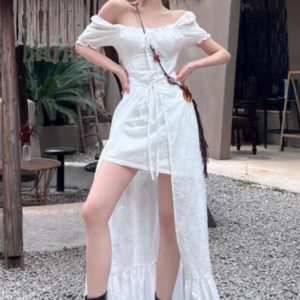 Chic Y2K Puff Sleeve Off-Shoulder A-Line Dress for Summer Parties - Korean Style One Piece