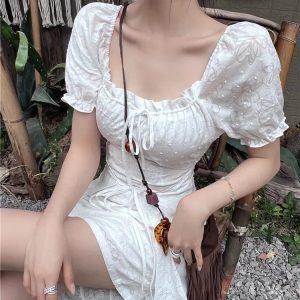 Chic Y2K Puff Sleeve Off-Shoulder A-Line Dress for Summer Parties - Korean Style One Piece