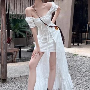 Chic Y2K Puff Sleeve Off-Shoulder A-Line Dress for Summer Parties - Korean Style One Piece