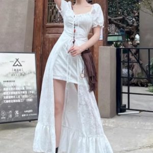 Chic Y2K Puff Sleeve Off-Shoulder A-Line Dress for Summer Parties - Korean Style One Piece