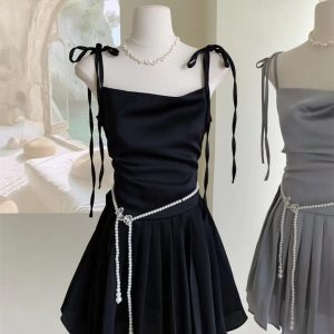 Chic Y2K Satin Short Dress with Belt Chain - Solid Spaghetti Strap A-line Pleated Summer Style