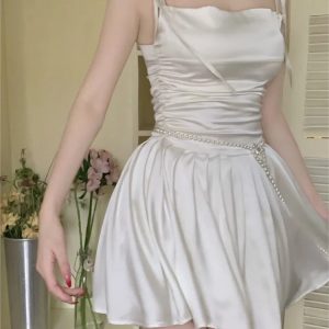 Chic Y2K Satin Short Dress with Belt Chain - Solid Spaghetti Strap A-line Pleated Summer Style