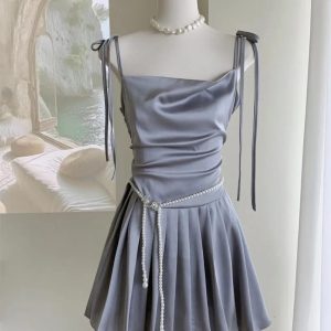 Chic Y2K Satin Short Dress with Belt Chain - Solid Spaghetti Strap A-line Pleated Summer Style