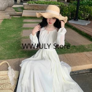 Chic Y2K Solid Chiffon Midi Dress with Long Sleeves - Elegant French Style for Spring