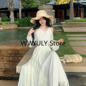 Chic Y2K Solid Chiffon Midi Dress with Long Sleeves - Elegant French Style for Spring