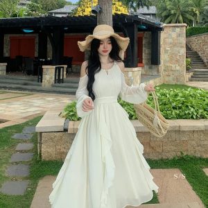 Chic Y2K Solid Chiffon Midi Dress with Long Sleeves - Elegant French Style for Spring