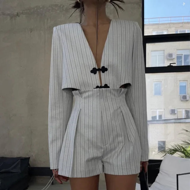 Chic Y2K Striped Two-Piece Set: Oversized Blazer with Pullover Long Sleeve Top & Shorts