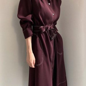 Chic Y2K Style Stand Collar Loose Tie Trench Dress for Effortless Aesthetic Fashion