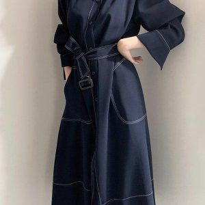 Chic Y2K Style Stand Collar Loose Tie Trench Dress for Effortless Aesthetic Fashion