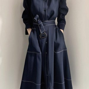 Chic Y2K Style Stand Collar Loose Tie Trench Dress for Effortless Aesthetic Fashion