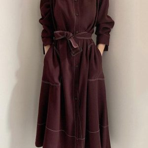 Chic Y2K Style Stand Collar Loose Tie Trench Dress for Effortless Aesthetic Fashion