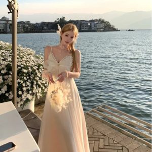 Chic Y2K Vintage Bow Lace Midi Dress for Women - Summer Beach Party & Elegant Style