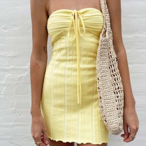 Chic Yellow Strapless Lace-Up Knitted Dress for Y2K Fashion and Coquette Aesthetic