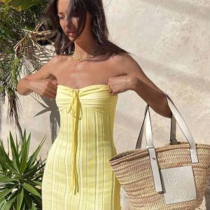 Chic Yellow Strapless Lace-Up Knitted Dress for Y2K Fashion and Coquette Aesthetic