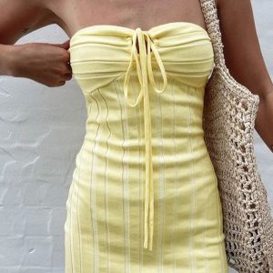 Chic Yellow Strapless Lace-Up Knitted Dress for Y2K Fashion and Coquette Aesthetic