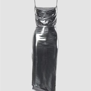 Chic Zeta Chrome Cowl Maxi Dress for Y2K Aesthetic and Coquette Style Outfits