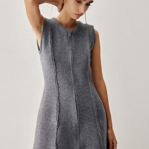 Chic Zip Down Piping Sweater Dress for Y2K Aesthetic and Coquette Style