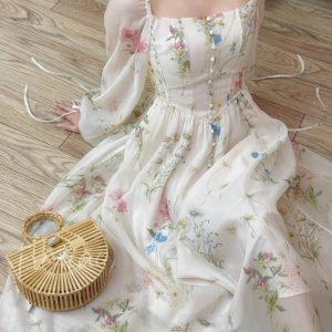 Chiffon Floral Midi Dress - Elegant Summer Office Lady One Piece Dress in Korean Fashion Style