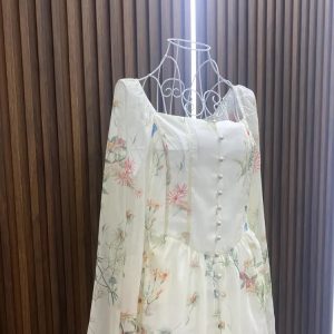 Chiffon Floral Midi Dress - Elegant Summer Office Lady One Piece Dress in Korean Fashion Style