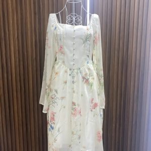 Chiffon Floral Midi Dress - Elegant Summer Office Lady One Piece Dress in Korean Fashion Style