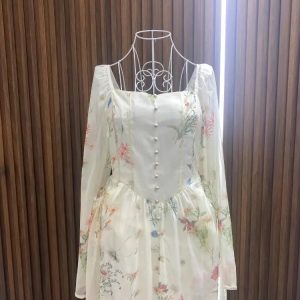 Chiffon Floral Midi Dress - Elegant Summer Office Lady One Piece Dress in Korean Fashion Style