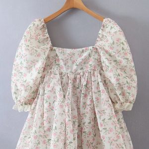 Chiffon Floral Print Spliced Organza Puff Sleeve Dress - Retro Fairy Swing Gown for Women