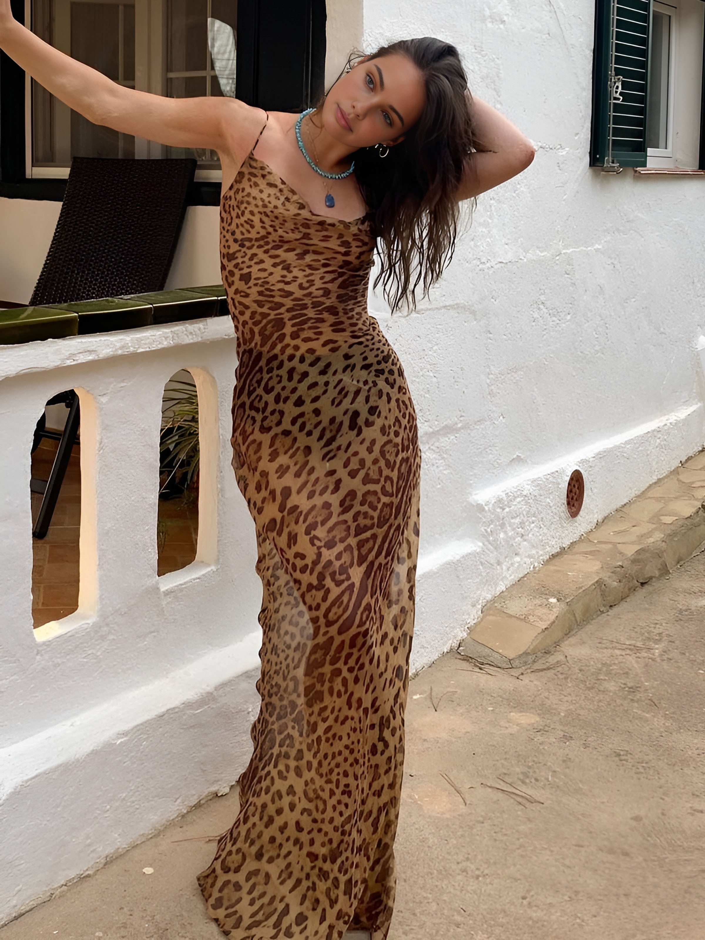 Chiffon Leopard Print Cami Dress - Y2K Aesthetic Maxi Dress for Trendy Outfits