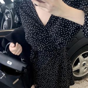 Chiffon Mini Dress for Women - Vintage French Style with Dot Print, Long Sleeve V Neck, 2024 Spring/Summer Fashion