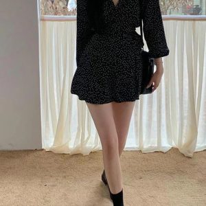 Chiffon Mini Dress for Women - Vintage French Style with Dot Print, Long Sleeve V Neck, 2024 Spring/Summer Fashion