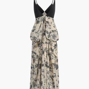 Chiffon Plant Print Cami Dress - Y2K Aesthetic Floral Maxi for Boho and Coquette Styles