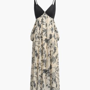 Chiffon Plant Print Cami Dress - Y2K Aesthetic Floral Maxi for Boho and Coquette Styles