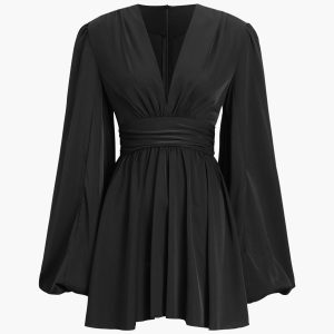 Chiffon Pleated Zip Mini Dress with Low Cut V-Neck for Y2K and Coquette Aesthetic