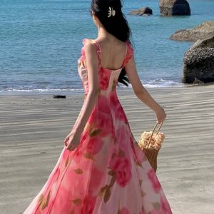 Chiffon Rose Print Dress - Elegant Y2K Fashion with Star Style Aesthetic