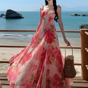 Chiffon Rose Print Dress - Elegant Y2K Fashion with Star Style Aesthetic