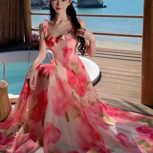 Chiffon Rose Print Dress - Elegant Y2K Fashion with Star Style Aesthetic